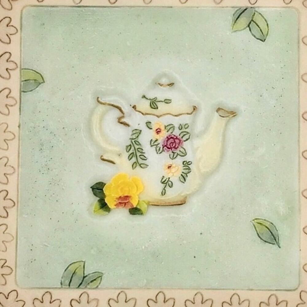 Vintage Yellow Rose & Teapot 4 Coaster Set Resin Green & White